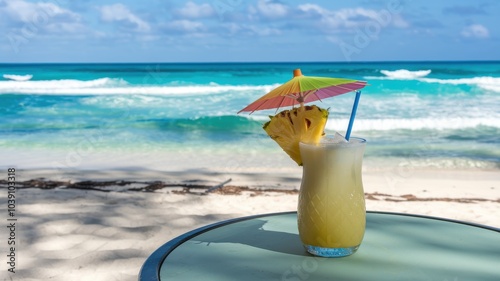 Tropical cocktail on a beachside table with ocean view.