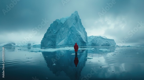 A lone male geophysicist at the North Pole against a backdrop of ice floes and snowy cliffs