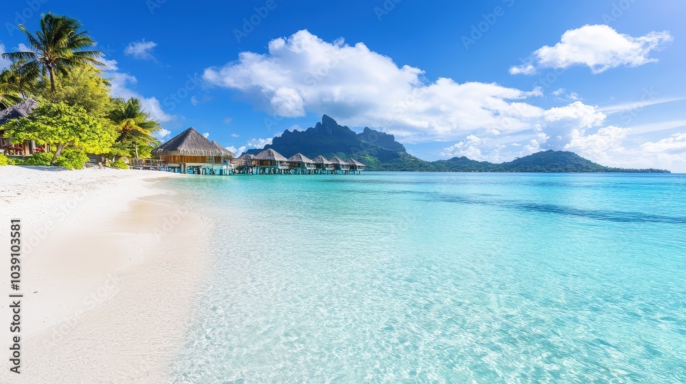 Fototapeta premium Serene Beachfront of Bora Bora with Overwater Bungalows and Crystal Clear Lagoon