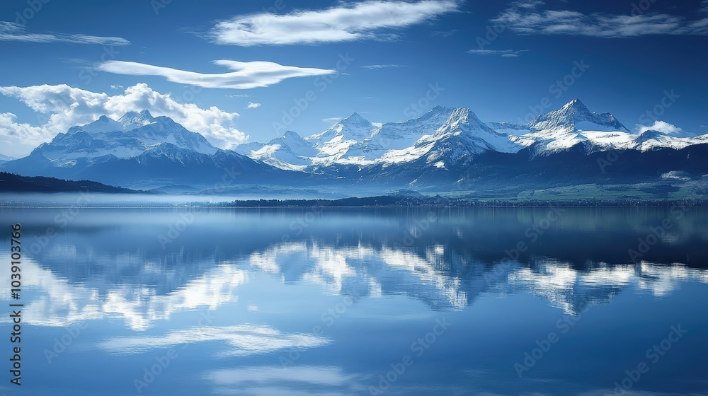 Fototapeta premium Breathtaking Snow-Capped Peaks of the Swiss Alps Perfectly Reflected in the Calm Waters of a Tranquil Lake