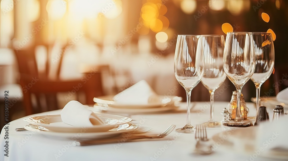 Elegant Table Setting with Wine Glasses in a Warm Restaurant Elegant Table Setting with Wine Glasses in a Warm Restaurant