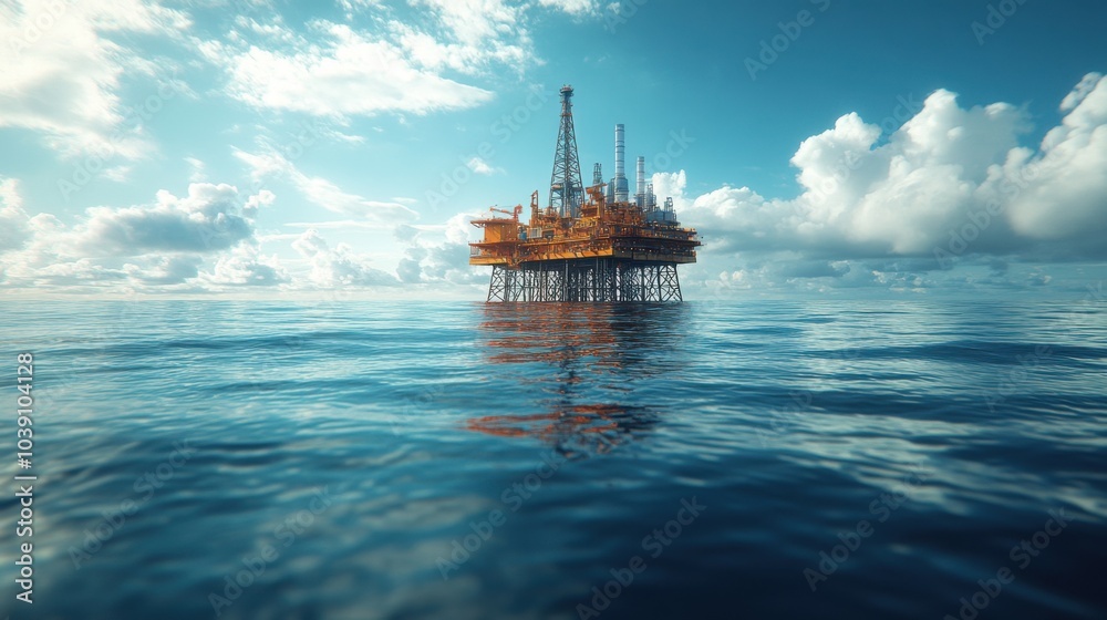 An offshore oil rig stands tall in a calm sea under a blue sky. An offshore oil rig stands tall in a calm sea under a blue sky.