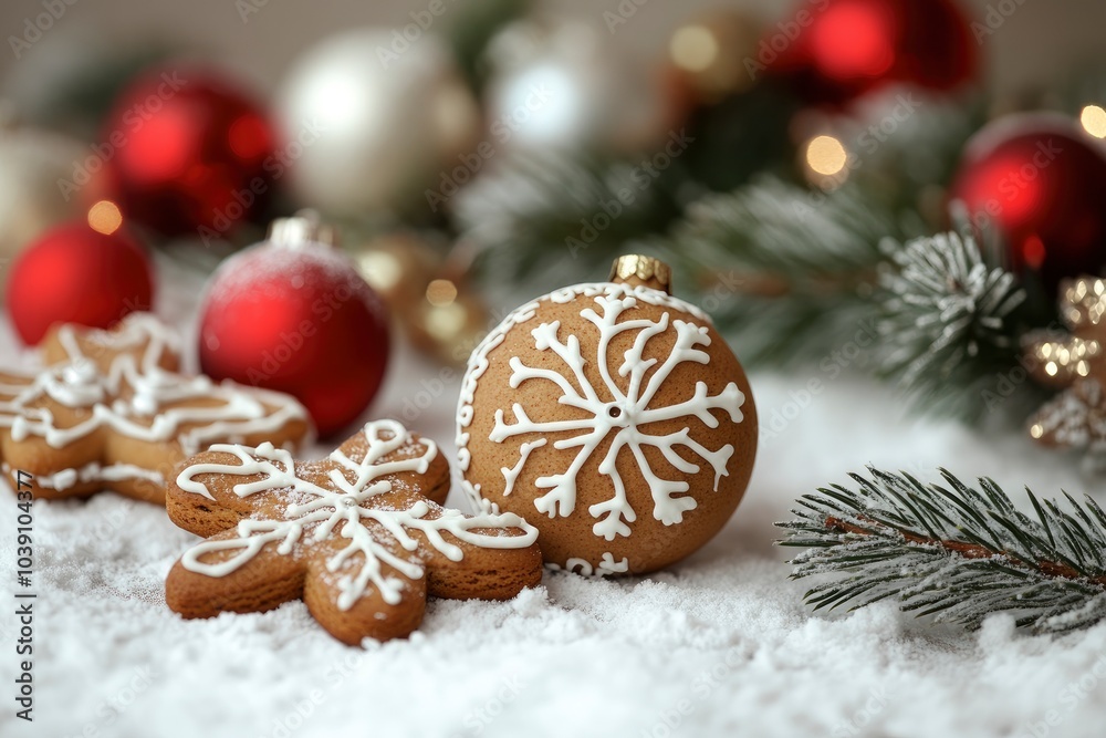 Christmas card, Christmas greetings, background with Christmas tree balls and gingerbread, copy space background - generative ai Christmas card, Christmas greetings, background with Christmas tree balls and gingerbread, copy space background - generative ai