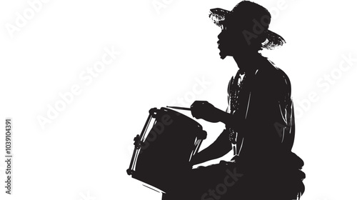 A man playing Bongo drums silhouette isolated on white background