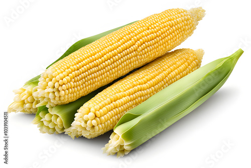 Fresh yellow corn cobs green husks isolated white background organic food agriculture concepts packaging advertisement eco organic graphic design object 3d studio photoshoot