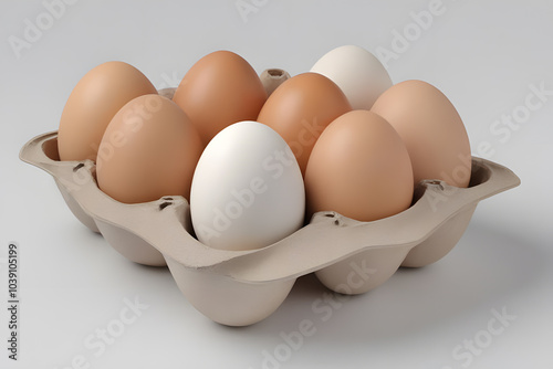  Fresh brown white eggs isolated background organic food carton package cooking concepts packaging advertisement eco graphic design object 3d studio photoshoot photo