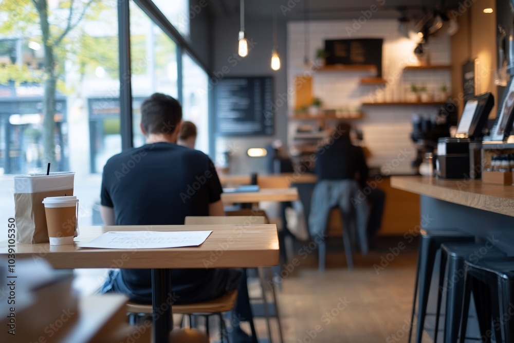 A man sits at a table in a cafe, working on his laptop with a cup of coffee in front of him. A man sits at a table in a cafe, working on his laptop with a cup of coffee in front of him.