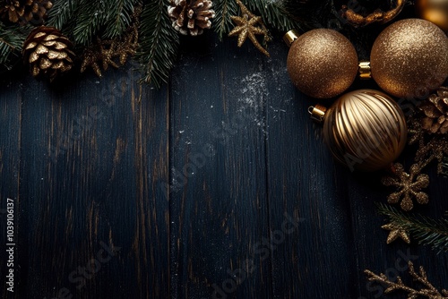 Christmas decoraion on black wooden background, copy space background - generative ai photo