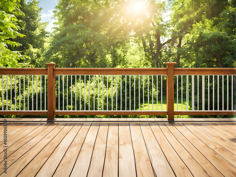 Sunny Wooden Deck With Railing Overlooking Lush Green Backyard in Summer