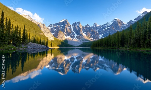 A serene mountain lake with a perfect reflection of the snow-capped peaks on the surface.