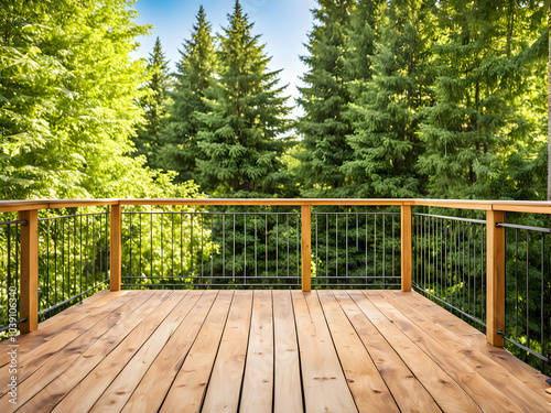 Sunny Wooden Deck With Railing Overlooking Lush Green Backyard in Summer photo