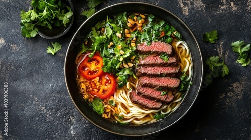 Authentic Vietnamese Pho Soup with Tender Beef Slices, Fresh Herbs, and Rice Noodles