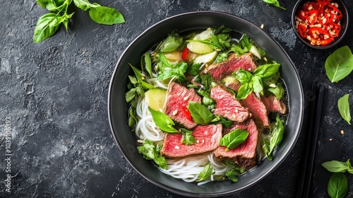 Authentic Vietnamese Pho Soup with Tender Beef Slices, Fresh Herbs, and Rice Noodles