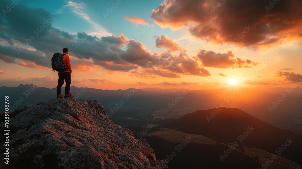 A lone hiker stands on a mountain peak, silhouetted against a vibrant sunset, with a view of the surrounding valley and distant mountains. A lone hiker stands on a mountain peak, silhouetted against a vibrant sunset, with a view of the surrounding valley and distant mountains.