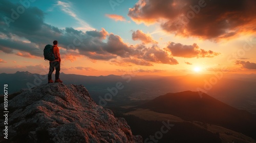 A lone hiker stands on a mountain peak, silhouetted against a vibrant sunset, with a view of the surrounding valley and distant mountains.