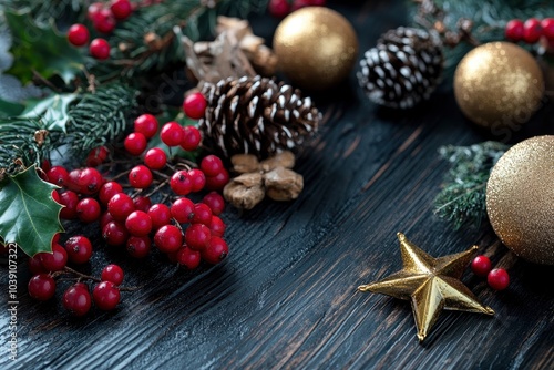 Christmas decoraion on black wooden background, copy space background - generative ai photo