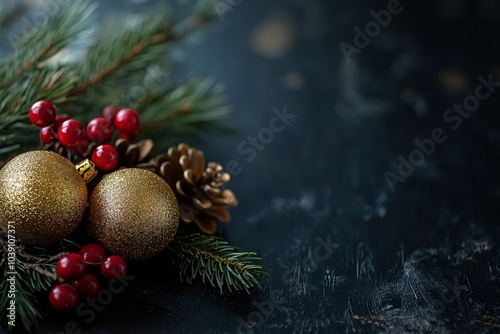 Christmas decoraion on black wooden background, copy space background - generative ai photo