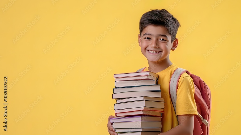 Smiling Boy Holding a Stack of Books with a Backpack Smiling Boy Holding a Stack of Books with a Backpack