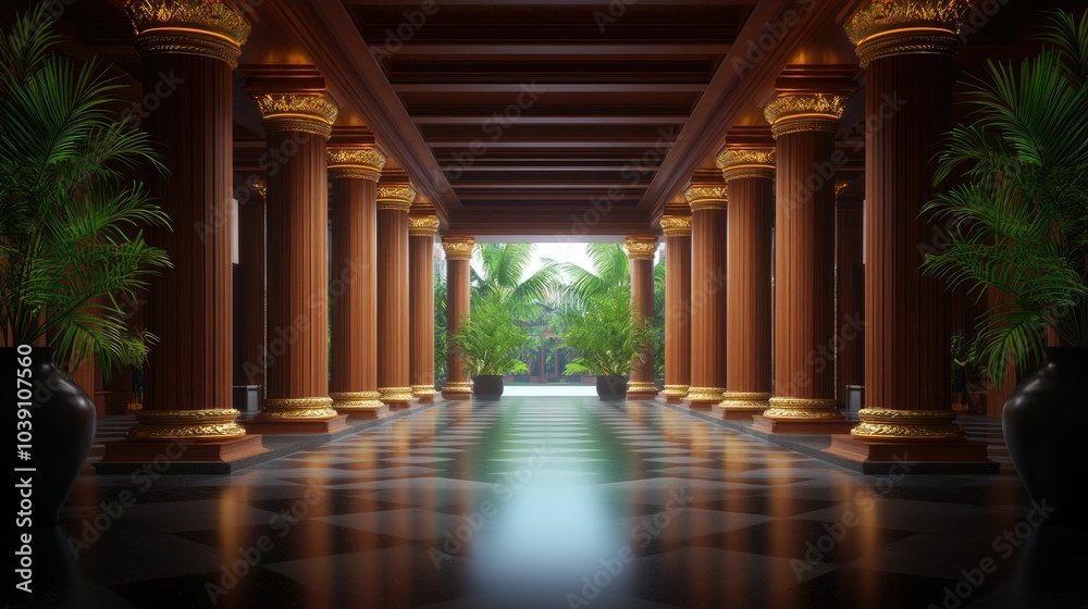 A long, ornate hallway with golden columns and a view of a tropical garden at the end. A long, ornate hallway with golden columns and a view of a tropical garden at the end.