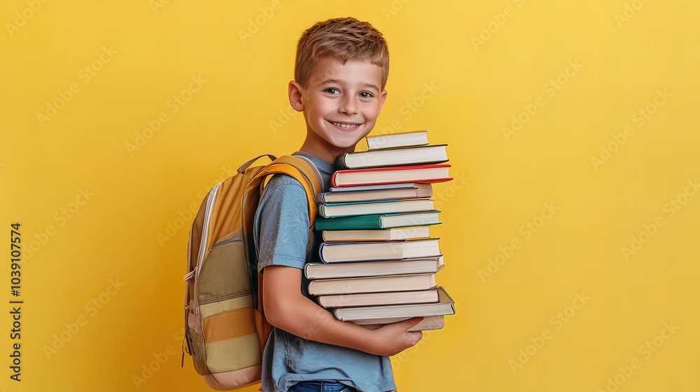 Smiling Boy Holding Stack of Books on Yellow Background Smiling Boy Holding Stack of Books on Yellow Background