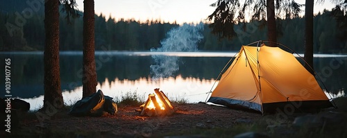 Camping scene with tent by a lake surrounded by trees during twilight. photo