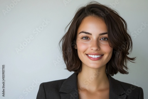 A young woman with brown hair and a white smile, dressed in a dark suit, smiles confidently at the camera.