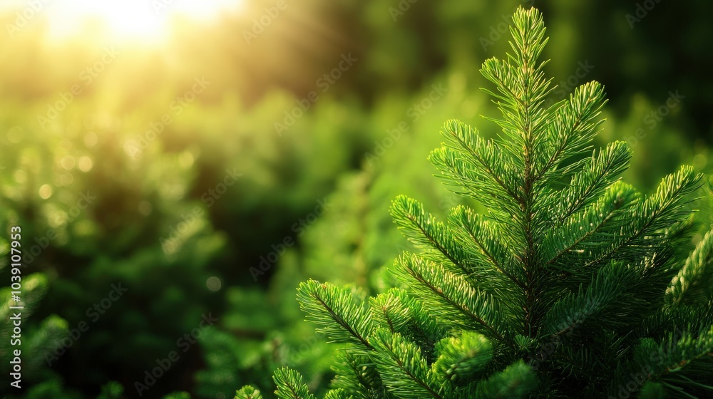 Close-up of green pine tree branches in sunlight, natural forest setting. Close-up of green pine tree branches in sunlight, natural forest setting.
