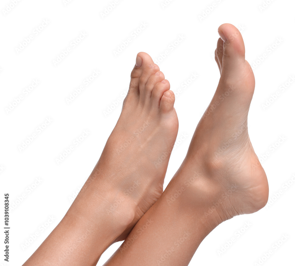 Woman with smooth feet on white background, closeup Woman with smooth feet on white background, closeup