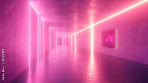 Modern architectural tunnel  gold reflective surfaces with vibrant pink neon lights  floating holograms  futuristic  3D render  cool-toned  smooth textures