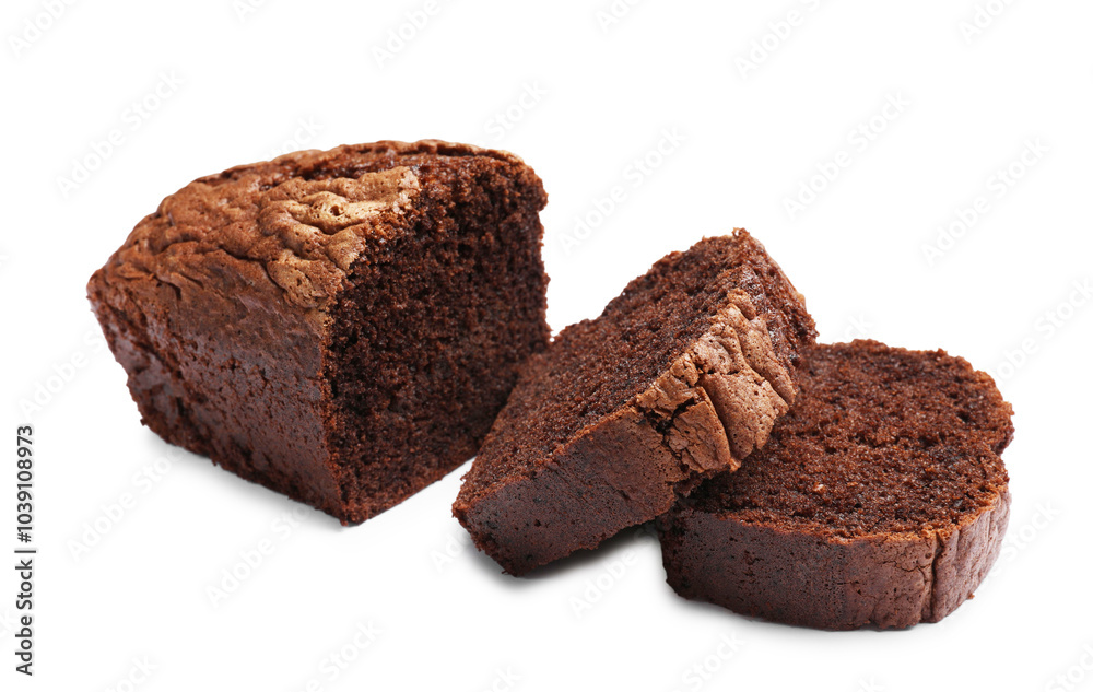 Delicious cut chocolate sponge cake isolated on white Delicious cut chocolate sponge cake isolated on white
