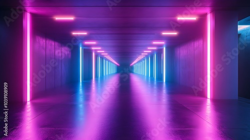 Geometric corridor  vivid purple and blue neon strips with pink lighting reflecting off chrome surfaces  abstract and immersive perspective