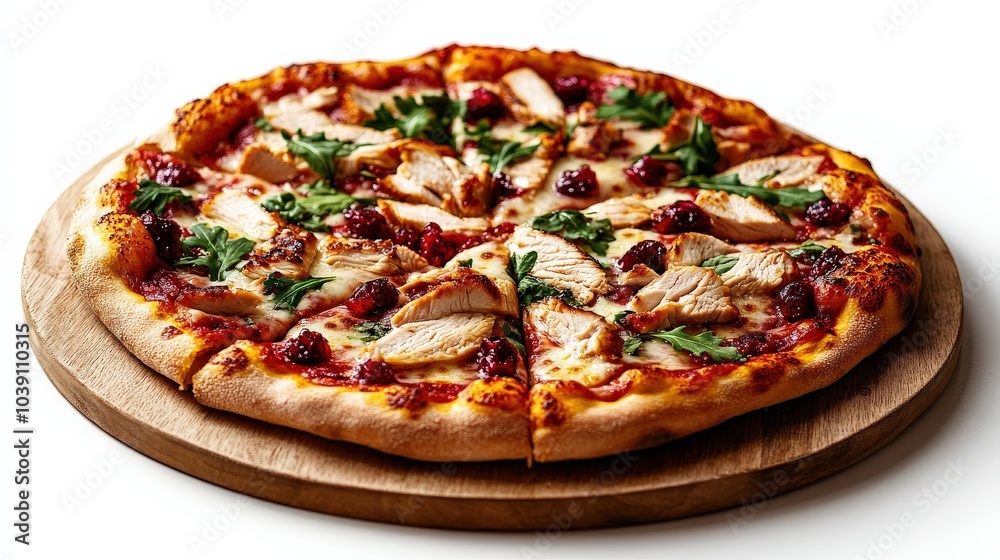 Delicious pizza topped with chicken and herbs on a wooden board, white isolated background. Delicious pizza topped with chicken and herbs on a wooden board, white isolated background.