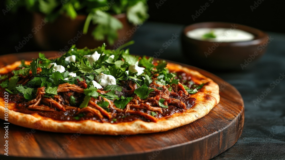 Delicious pizza topped with cilantro, pulled meat, and sauce on a wooden board. Delicious pizza topped with cilantro, pulled meat, and sauce on a wooden board.