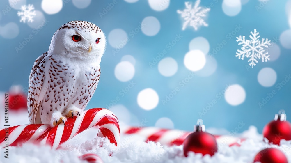 Obraz premium Snowy owl on candy cane with festive background and snowflakes.