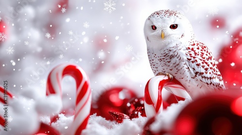 Snowy owl among festive decorations, white isolate background.