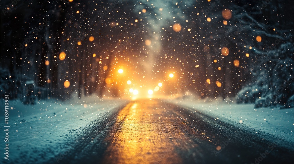 Snowy Forest Road at Night with Warm Lights Snowy Forest Road at Night with Warm Lights
