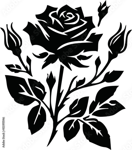 Roses flat black icon. Rose Art Beautiful Black and White Rose Illustration, Flowers silhouette icons.