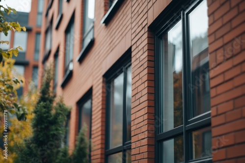 Modern red brick building with large windows.