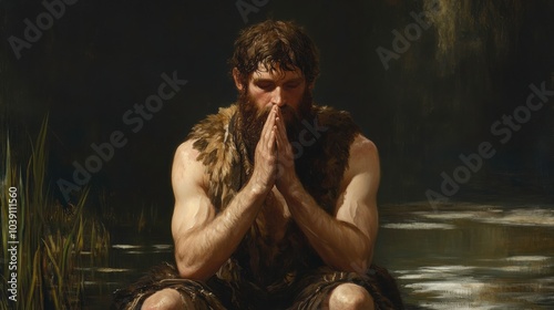 John the Baptist in Prayer and Reflection by the Riverbank During a Tranquil Twilight Moment. Generative AI