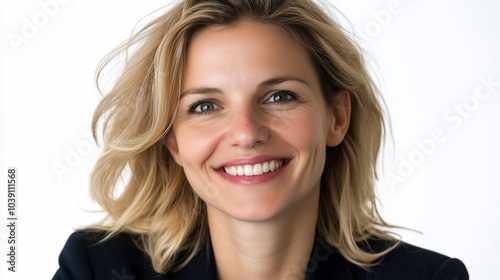 Portrait of a smiling woman with blonde hair and blue eyes.