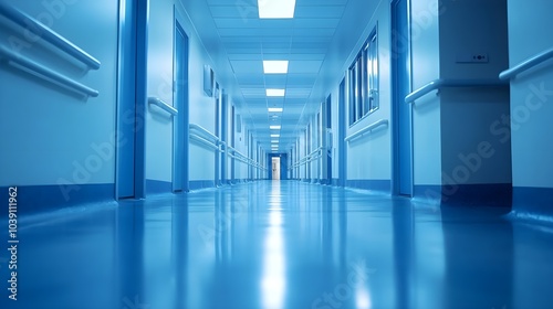 Modern hospital hallway with bright lights and sterile surfaces, featuring clean architectural lines and a minimalistic, hygienic atmosphere