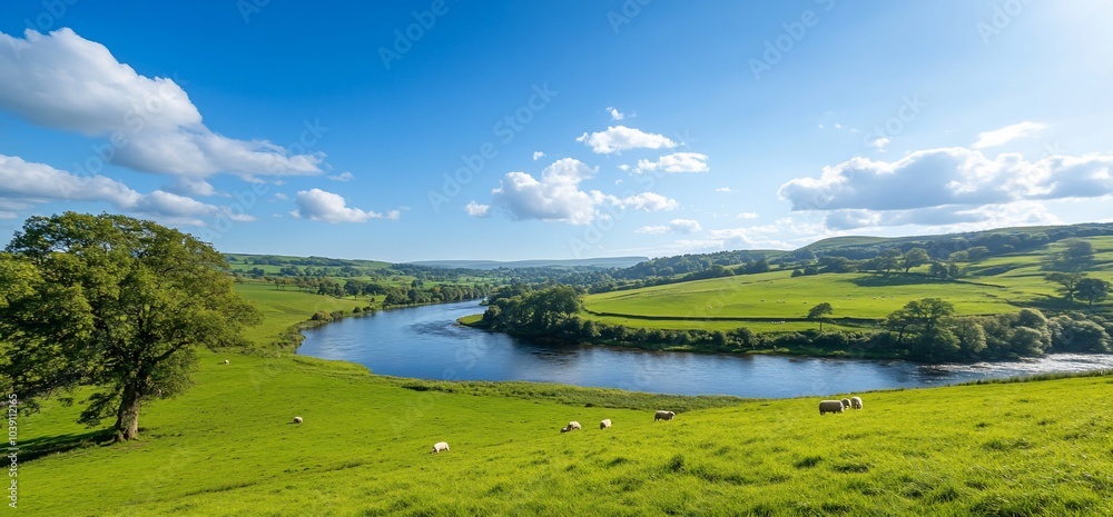 Scenic view of a winding river flowing through lush green meadows and hills under a clear blue sky with fluffy white clouds. Scenic view of a winding river flowing through lush green meadows and hills under a clear blue sky with fluffy white clouds.