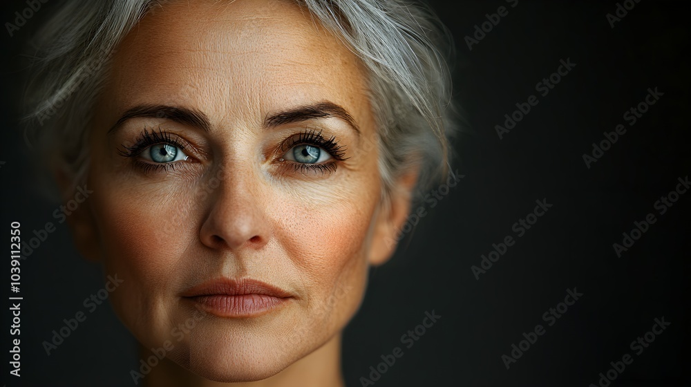 Fototapeta premium Silver-haired elderly woman with wise eyes, gently aging, morphing into a younger version with bright, smooth skin and lively expressions