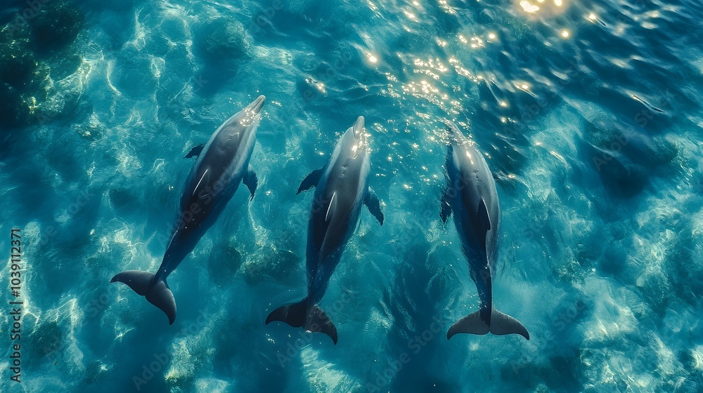 Obraz premium Close-up overhead shot of dolphins swimming in clear blue ocean, their vibrant bodies moving gracefully, reflecting sunlight, Playful, Photorealistic, Bright Blue and Aqua Tones
