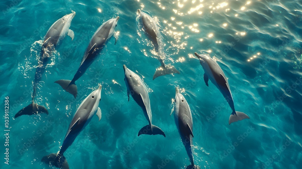 Fototapeta premium Close-up overhead shot of dolphins swimming in clear blue ocean, their vibrant bodies moving gracefully, reflecting sunlight, Playful, Photorealistic, Bright Blue and Aqua Tones