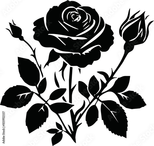 Roses flat black icon. Rose Art Beautiful Black and White Rose Illustration, Flowers silhouette icons.