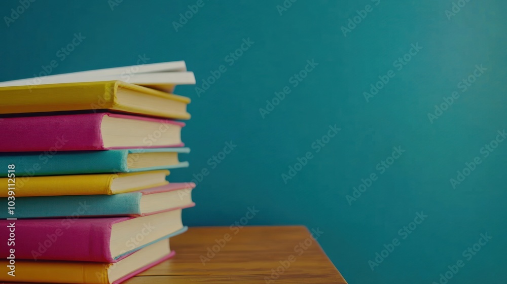 Colorful Stack of Books on a Wooden Table Colorful Stack of Books on a Wooden Table
