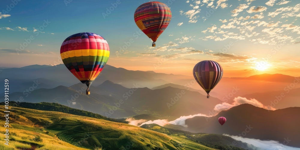 Naklejka premium Colorful hot air balloons soaring over a mountain range at sunrise, with a vibrant sky filled with fluffy clouds.