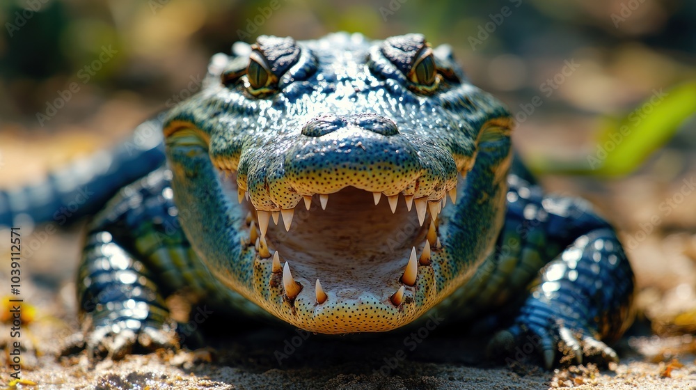 A close-up of a crocodile displaying its sharp teeth. A close-up of a crocodile displaying its sharp teeth.