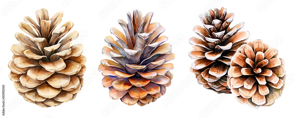 Fototapeta premium Pine cones Watercolor clipart isolated 